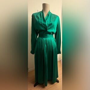 Vintage 80s Jewel Tone Silk Blouse Skirt Set Emerald Sz 8